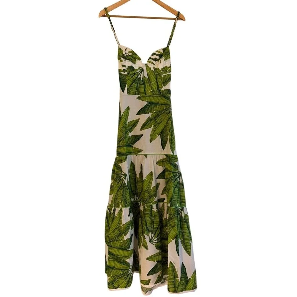 Farm Rio Green Banana Leaf Tiered Midi Dress XL Tropical Beaded Straps Scalloped - Picture 4 of 10